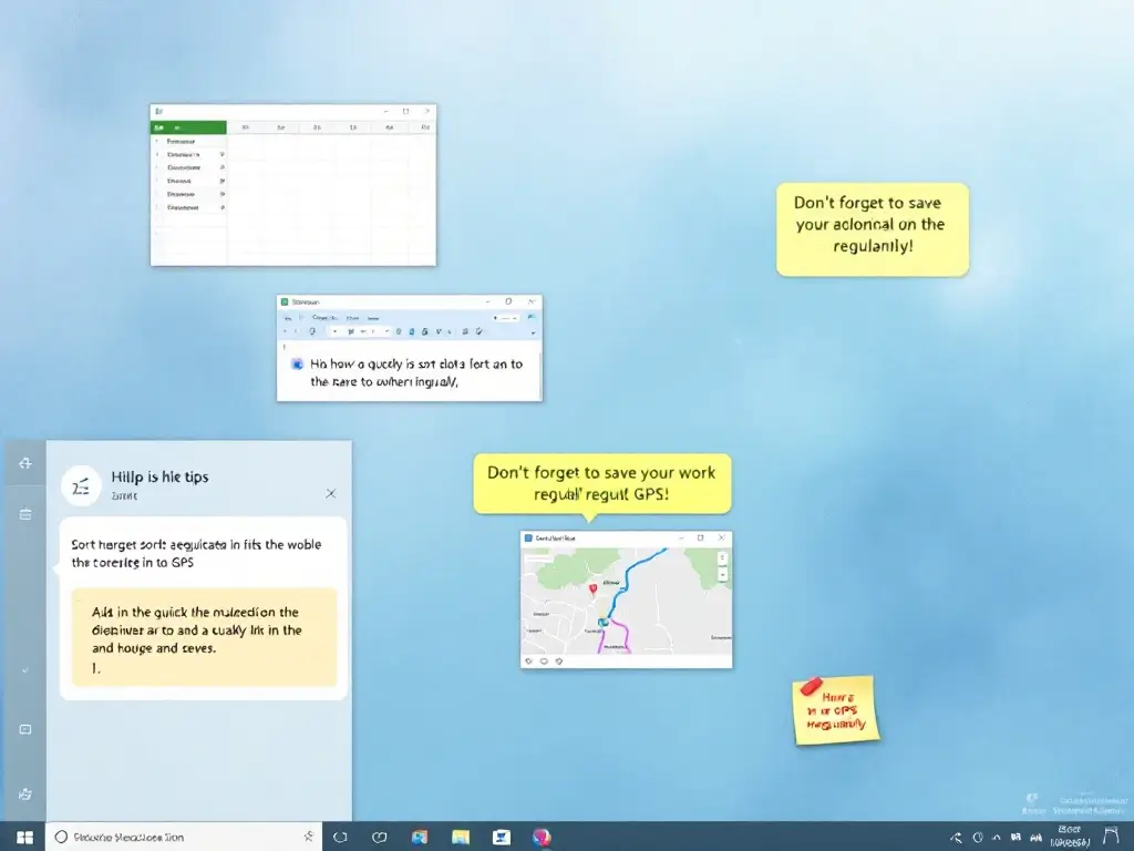 screenshot of a Windows desktop with various helpful tips highlighted